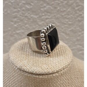 Large Vintage Sterling Silver Wide Band Black Onyx Ring Size 8.5